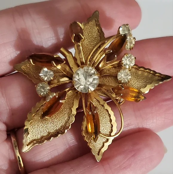 Broche Vintage étoile Cristaux Citrine Navette Porcelaine - Bijou Ancien *3252